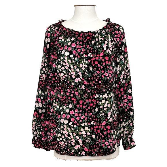 Talbots Womens Top M Black Pink Floral Smocked Peasant Cottagecore Whimsigoth - Picture 1 of 13